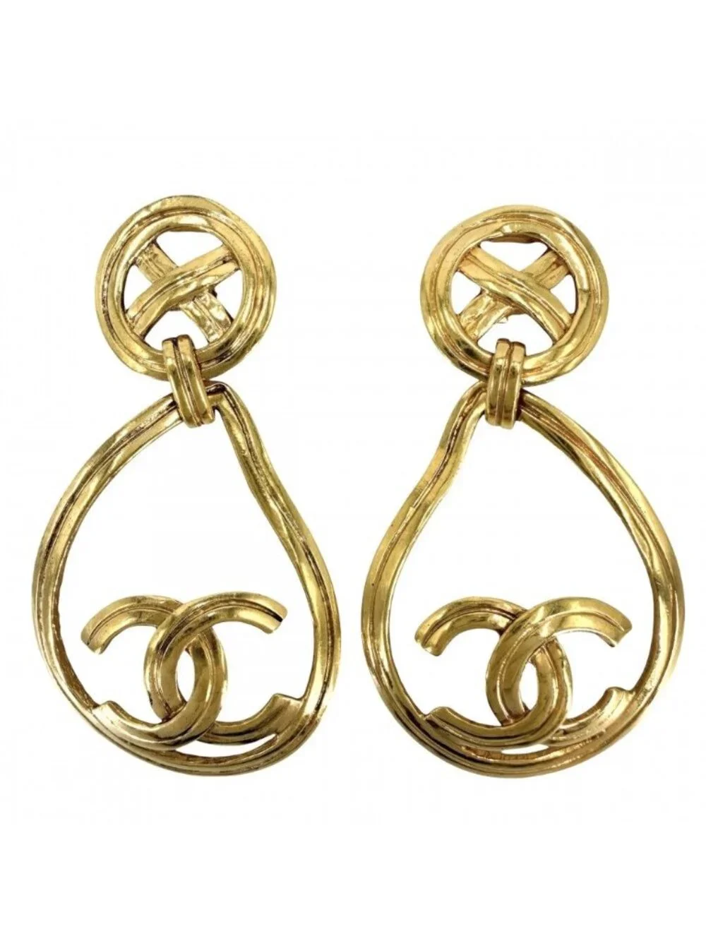 Chanel Big Earrings CC Logo Vintage Swing Gold Plated